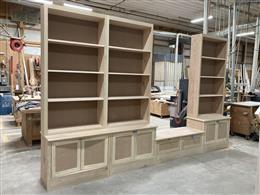 : Custom library with bench seat ready to go to finisher for painting.